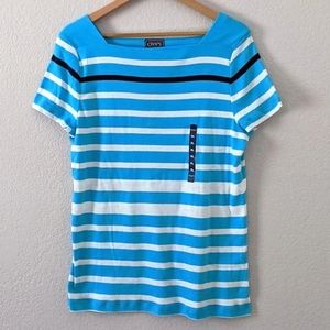 Chaps Striped Short Sleeve Square Neck Cotton Top, Turquoise / White